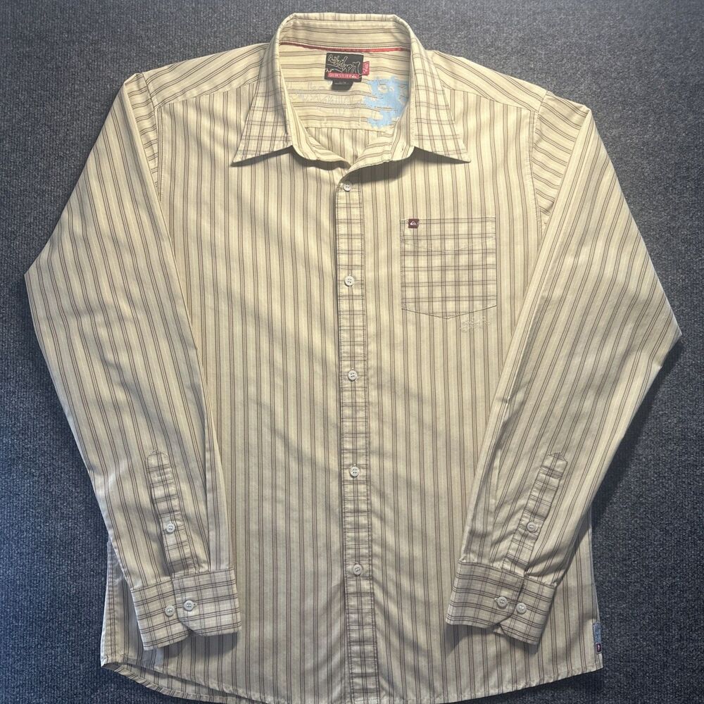 QUIKSILVER Mens Shirt Size XL Slim Fit Pocket Logo Embroidered Logo Tan Stripe
